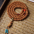 108-bead Bracelet of Double Dragon Explosive Meat Pattern Vajra Bodhi Seeds with Alxa Jade, Sandalwood and Tara Accent Beads