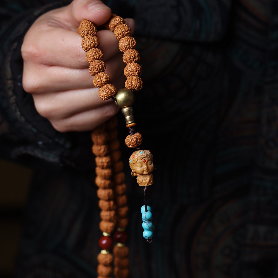 108-bead Bracelet of Double Dragon Explosive Meat Pattern Vajra Bodhi Seeds with Alxa Jade, Sandalwood and Tara Accent Beads
