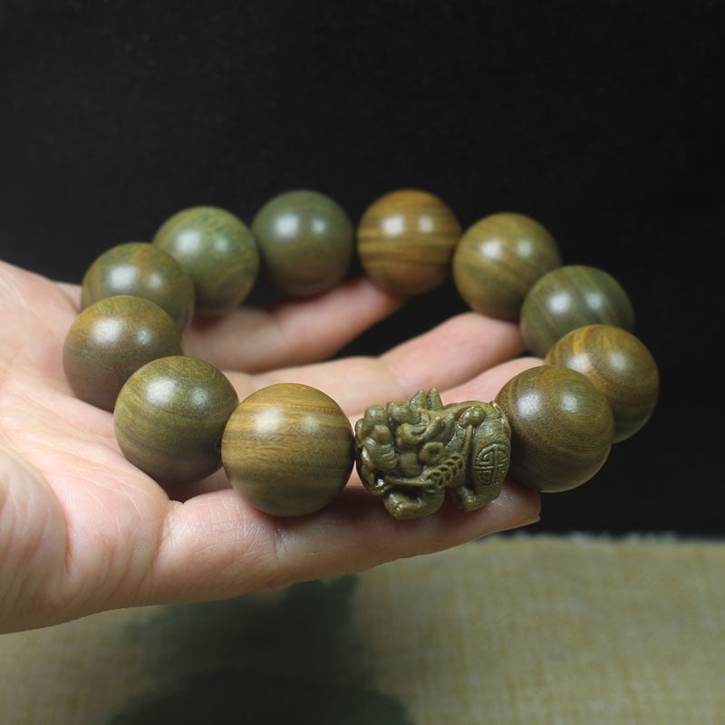 Green Sandalwood Beads Bracelet with Carved Pixiu Charm, suitable for men and women, traditional Chinese style, wholesale available.