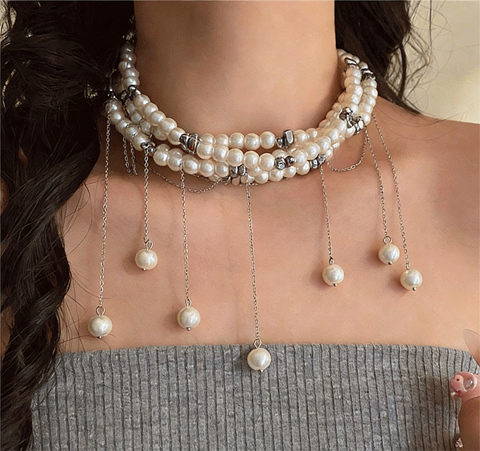 Elegant Layered Tassel Pearl Choker, Retro French Style High-End Dinner Party Necklace
