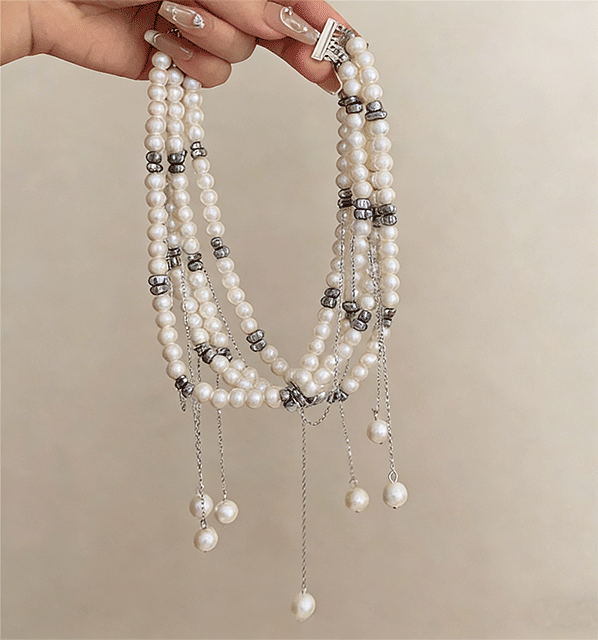 Elegant Layered Tassel Pearl Choker, Retro French Style High-End Dinner Party Necklace