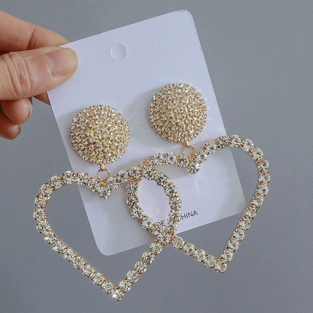 Full Rhinestone Heart Earrings Gold Silver Dangle Drop Earrings Must-Have for Fashion Insiders