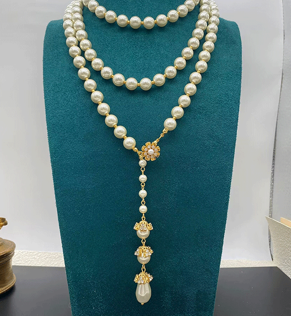 Make a Statement: Retro Mid-Century Baroque Layered Glass Pearl Long Necklace and Retro Baroque Ornate Drop Earrings – Your Ultimate Vintage-Inspired Luxury Piece